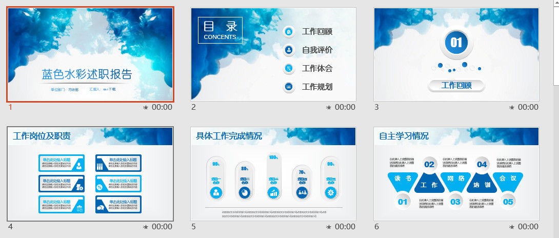 蓝色水彩述职报告ppt模板