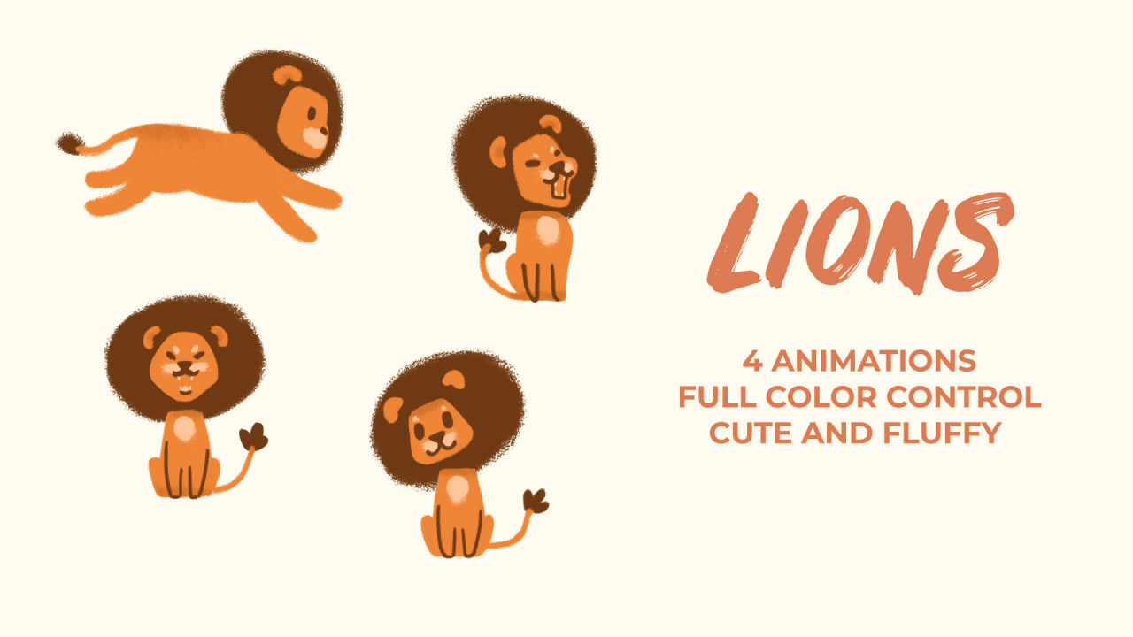 四只可爱的狮子卡通动画PR模板