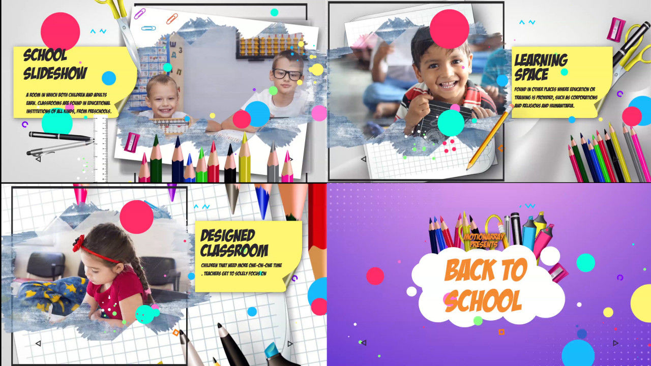 丰富多彩的过渡效果的儿童学校幻灯片AE模板