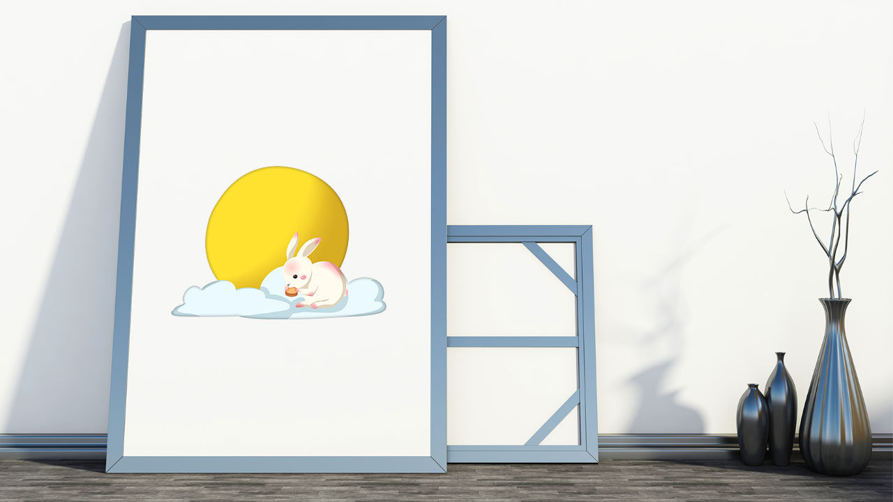 月兔吃月饼卡通海报psd模板
