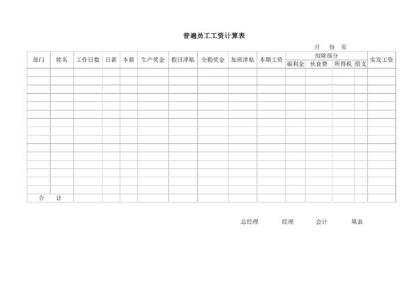 普遍员工工资计算word模板