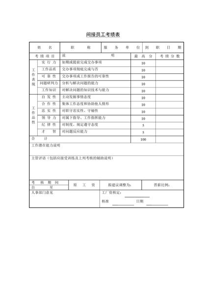 间接员工考绩表Word模板