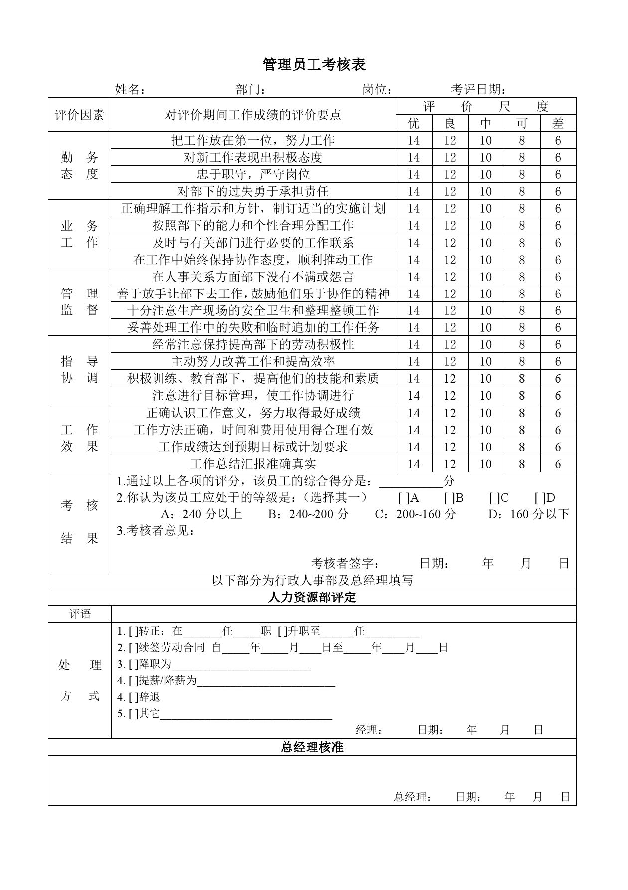 管理员工考核表word模板