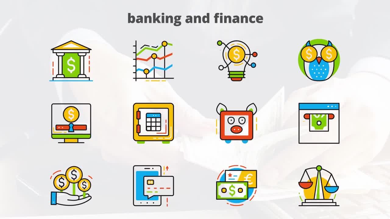 银行和金融平面动画图标AE模板