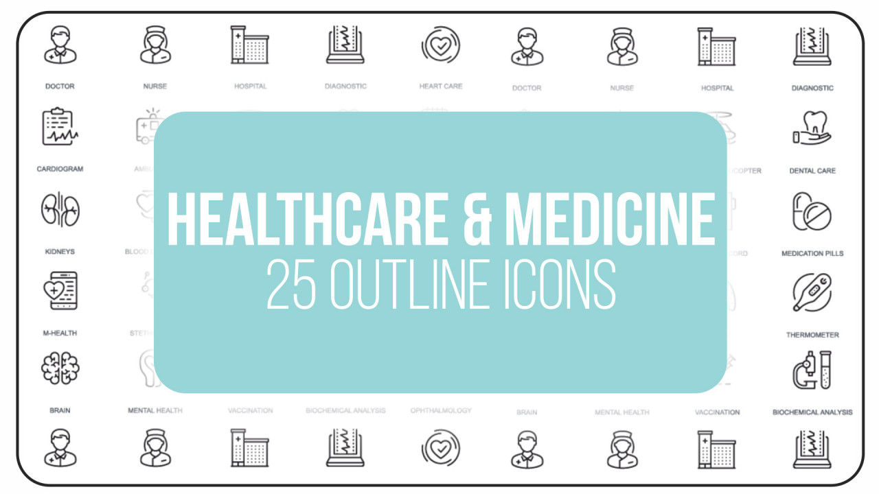 25个整洁优雅创意的医疗保健和医学大纲图标AE模板