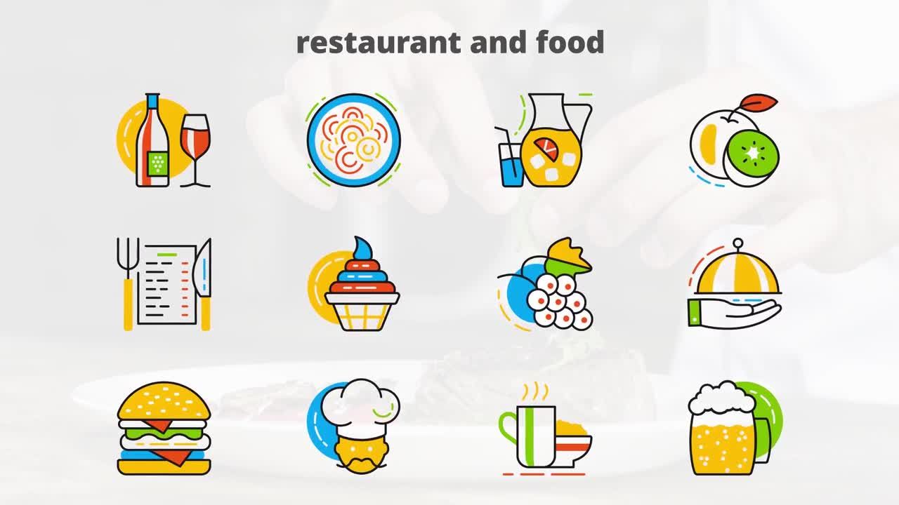 有机动画的餐厅和食品平面图标AE模板