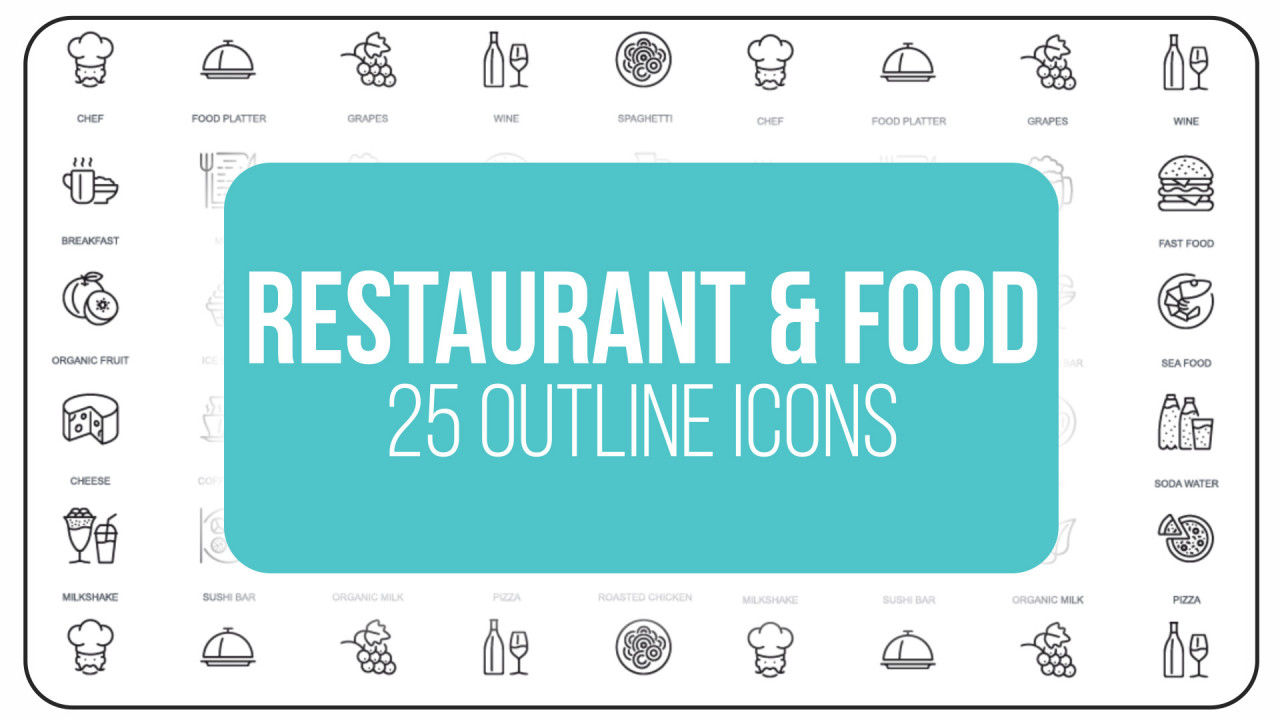 25个时尚创意的餐厅和食品大纲动画图标AE模板