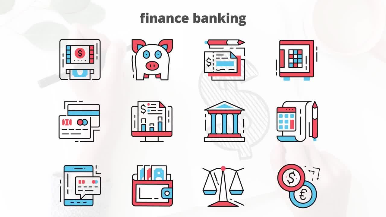 金融和银行业务扁平线平面动画图标AE模板