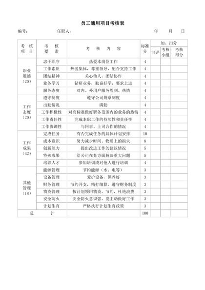 员工通用项目考核表word模板