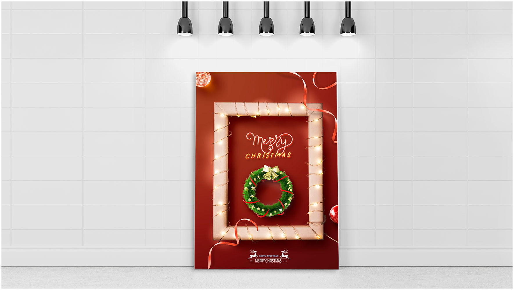 红色相框灯光样式PSD圣诞海报素材