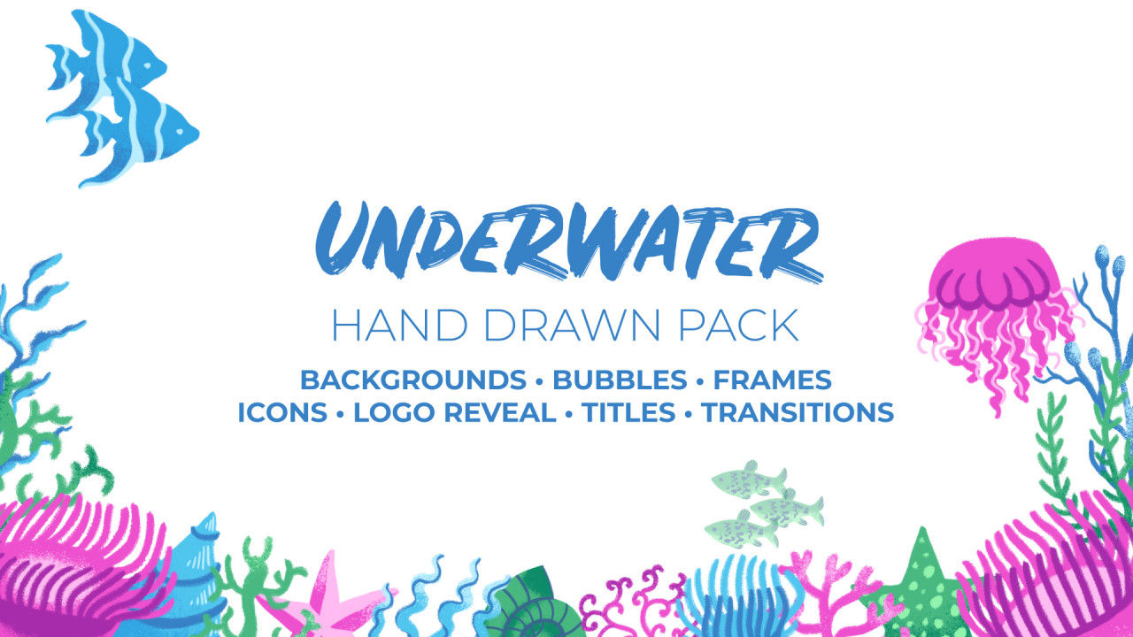 可爱有趣多彩的水下元素动画手绘包AE模板