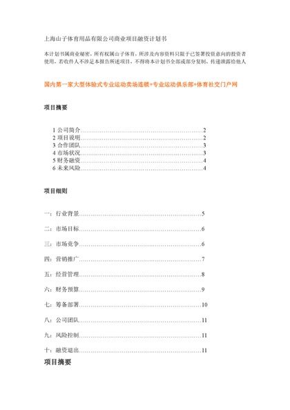 上海山子体育用品有限公司商业项目融资计划书word模板