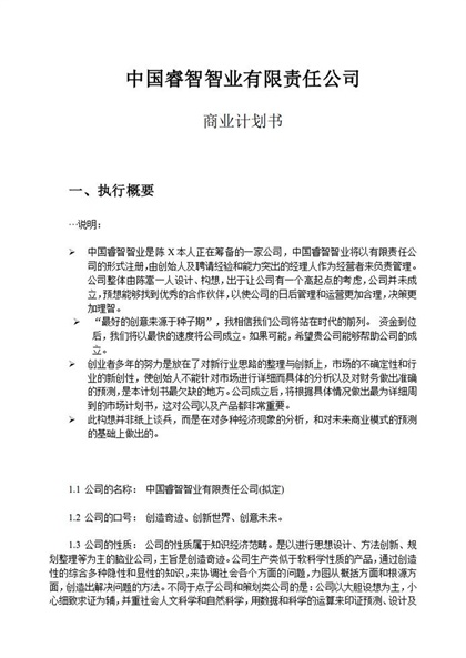 中国睿智智业有限责任公司商业计划书word模板