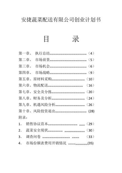 安捷蔬菜配送有限公司创业计划书word模板