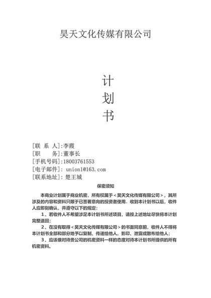 昊天文化传媒有限公司计划书word模板