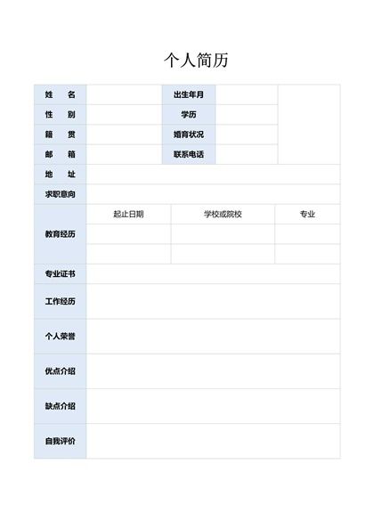 大学生空白个人简历表格Word模板