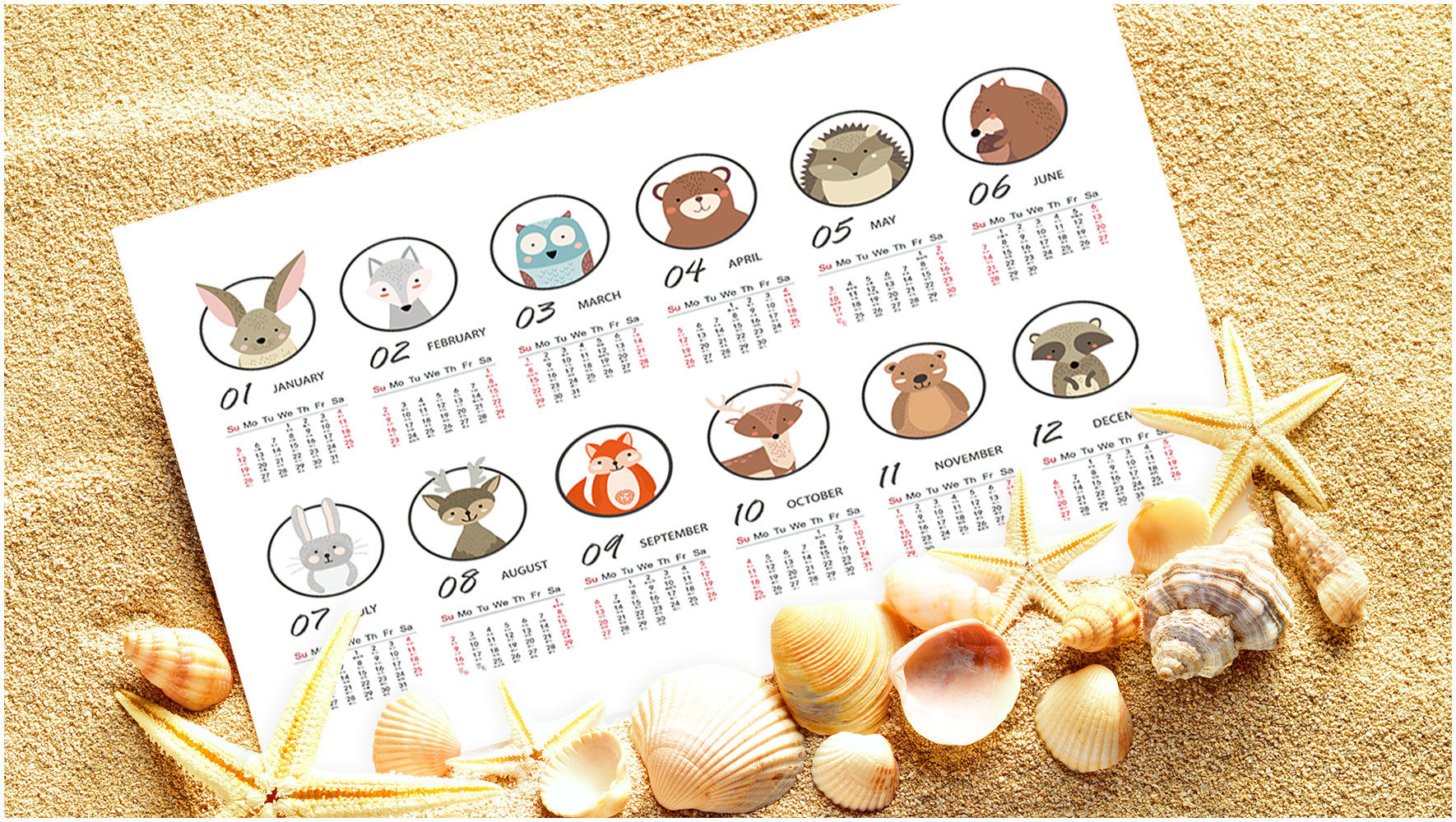 可爱的十二种小动物PSD2020鼠年挂历设计模板