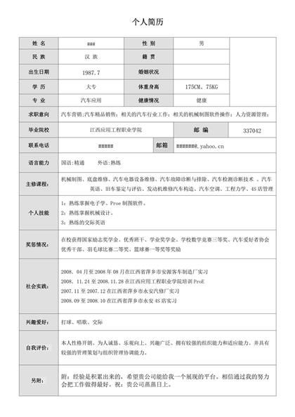 汽车精品销售表格简历word下载