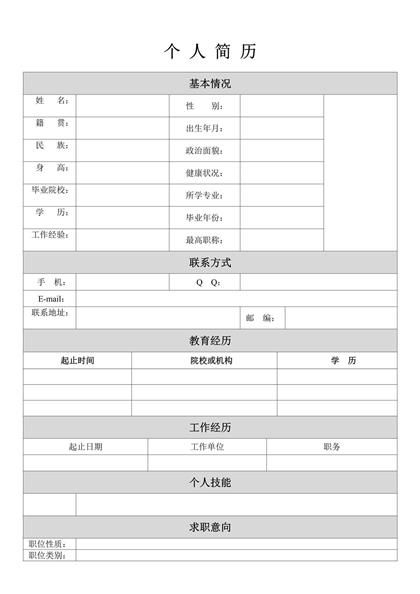 简洁的空白表格求职简历word模板