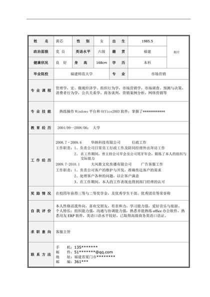 市场营销专业岗位表格求职简历word模板