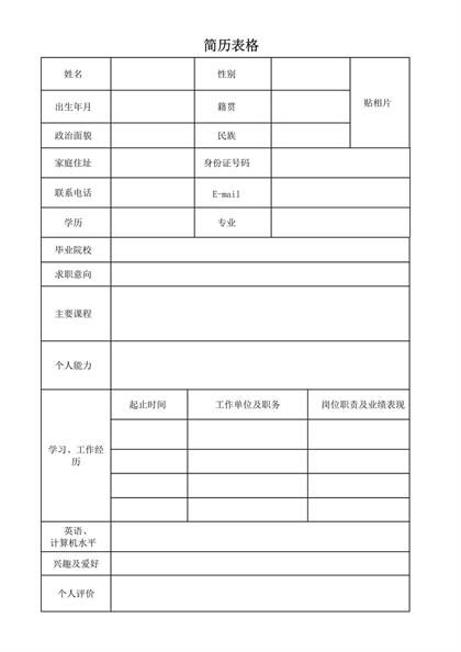 空白表格简历模板word