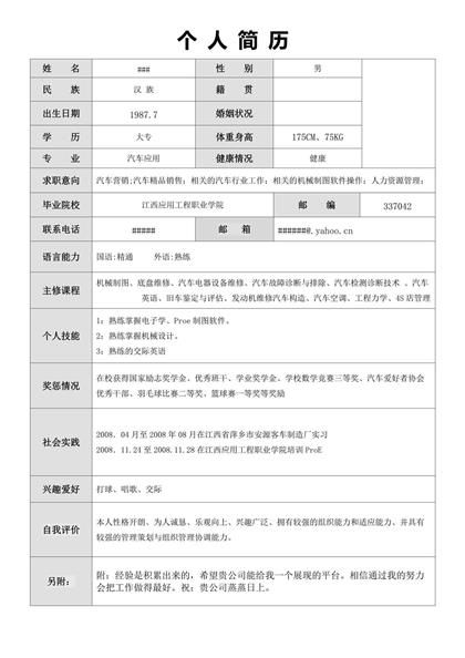 汽车行业工作岗位表格简历word模板