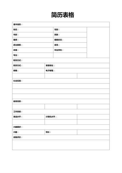 个人求职简历word空白表格模板
