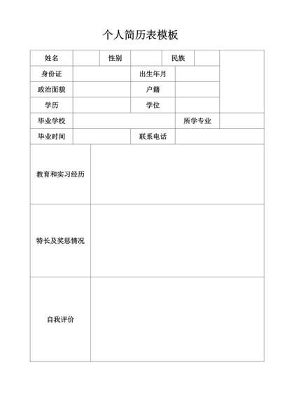 空白个人简历表模板word