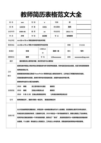 教师简历表格word模板