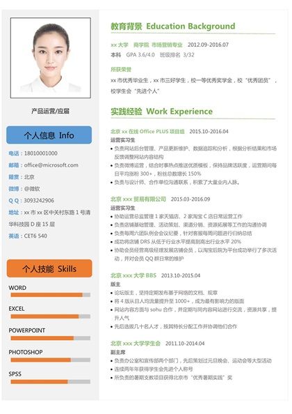 青春活力的产品运营求职简历word模板