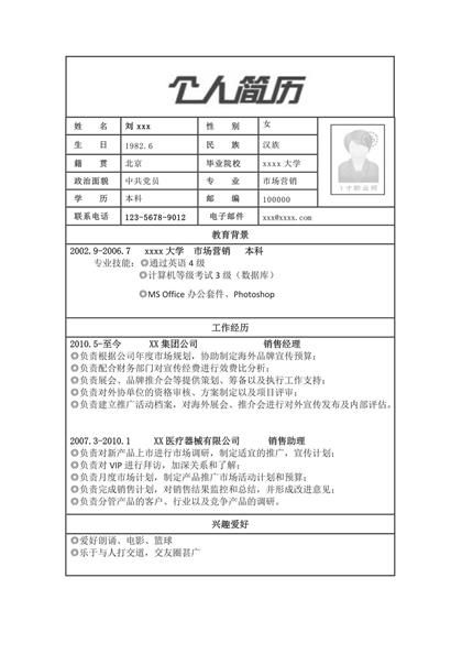 市场营销简历表格word模板