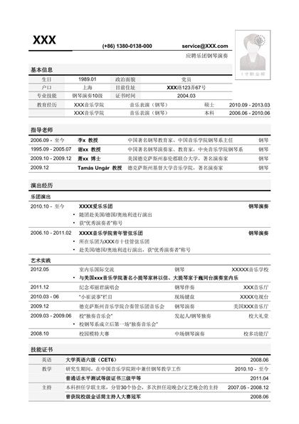 现代独特的乐团钢琴演奏求职简历word模板