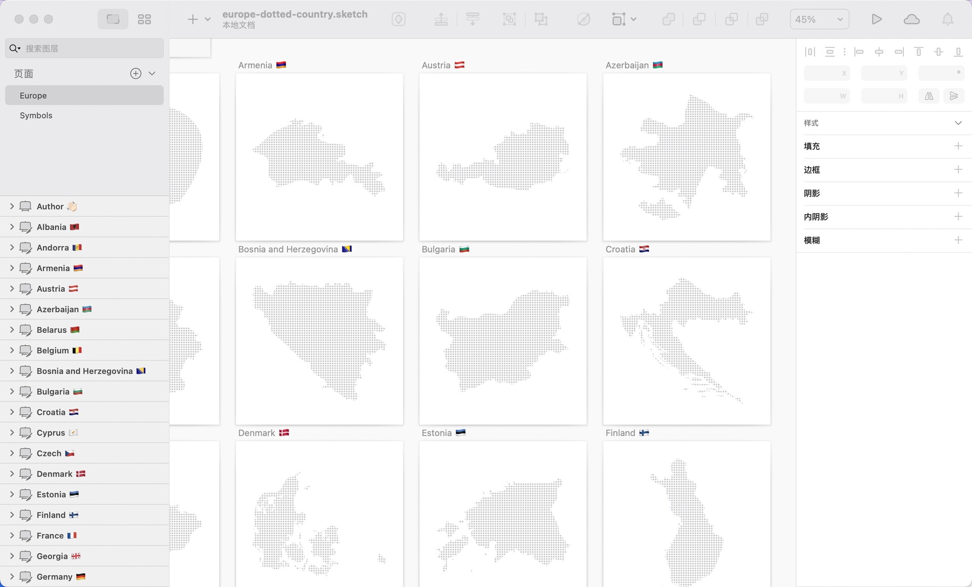 46个欧洲国家像素化点阵式矢量地图