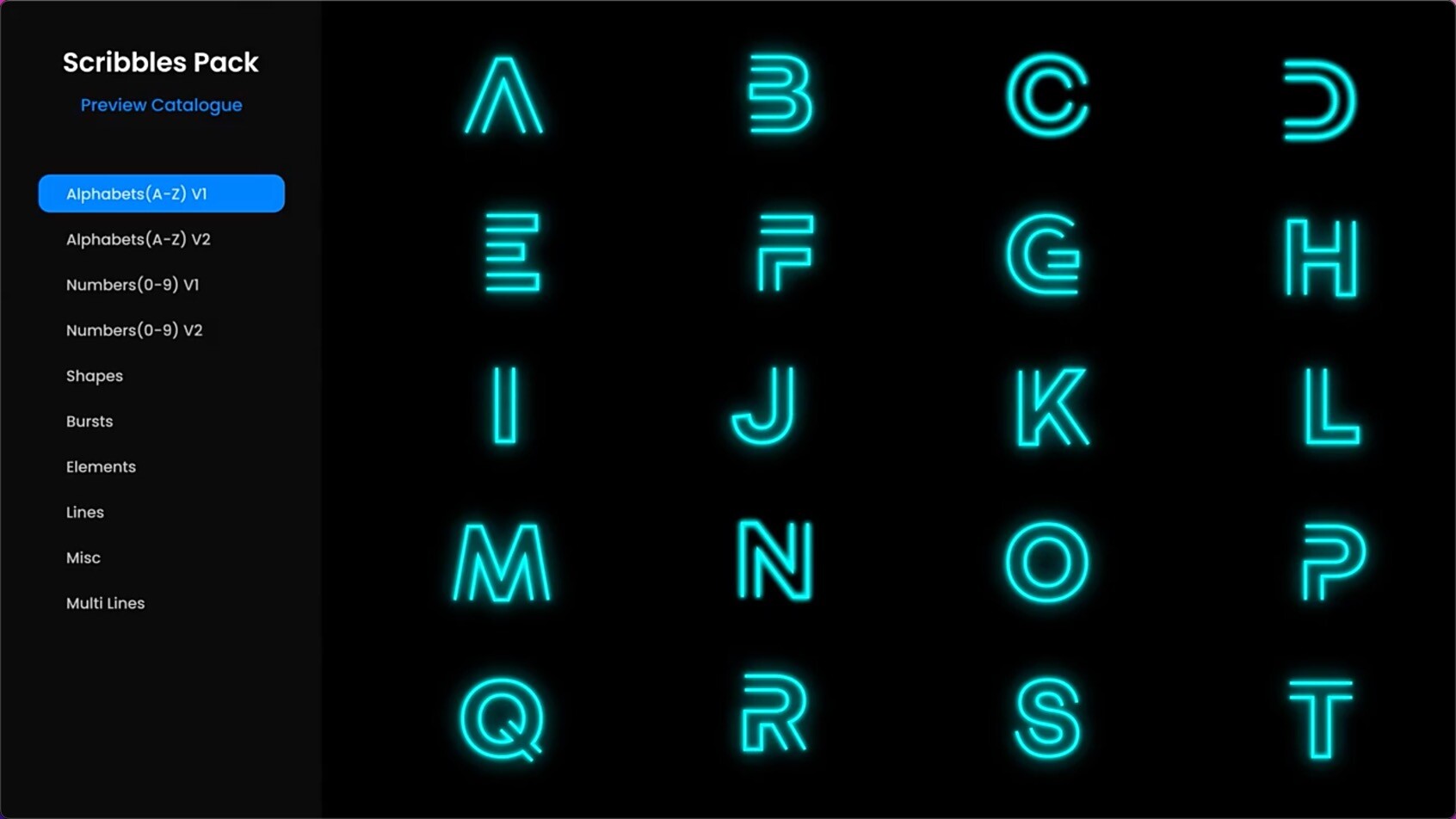 AE/PR模板：190种霓虹发光线条涂鸦图形字符预设包Neon Glowing Scribble Typeface Pack