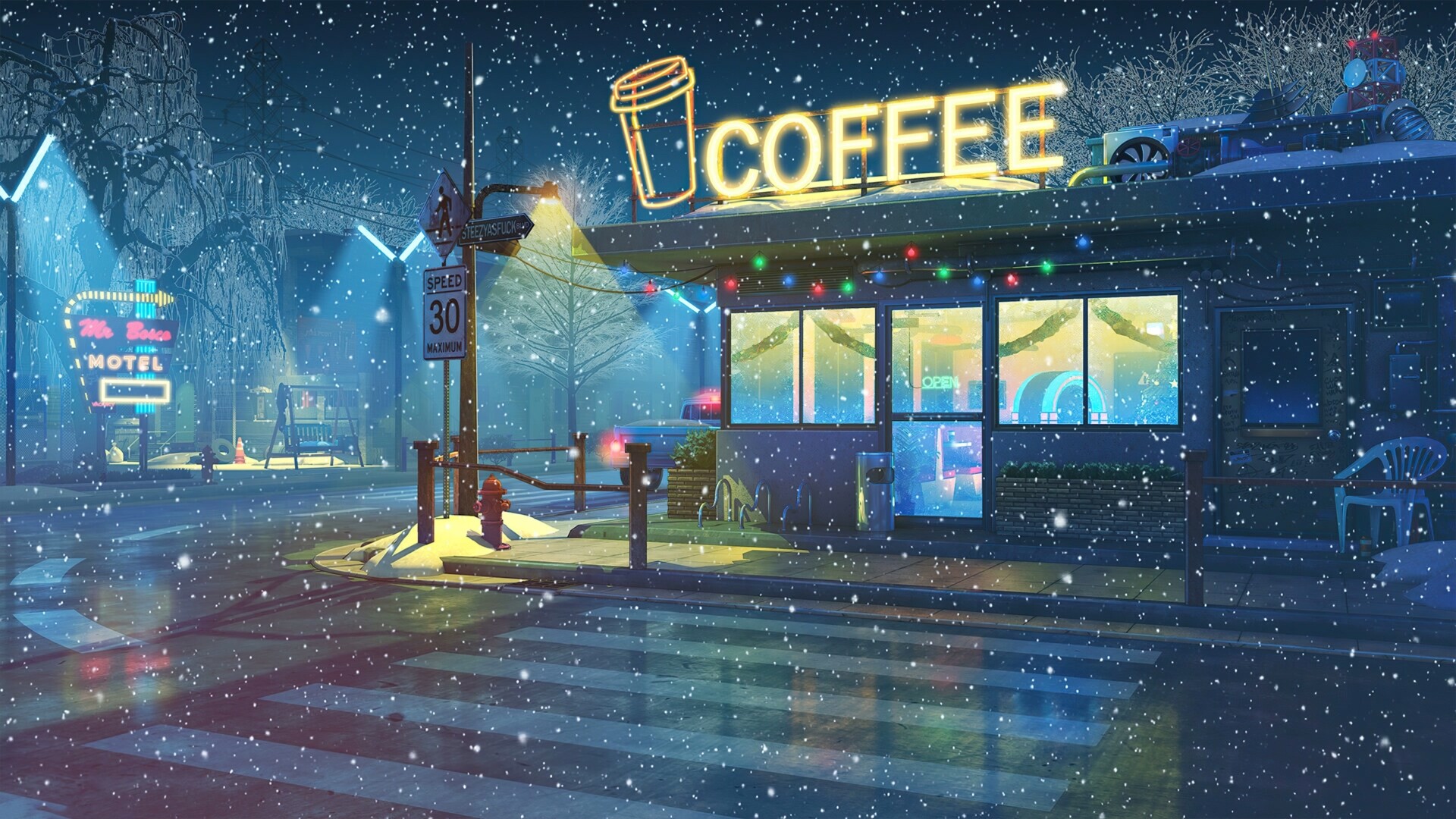 雪夜的咖啡店高清动态壁纸
