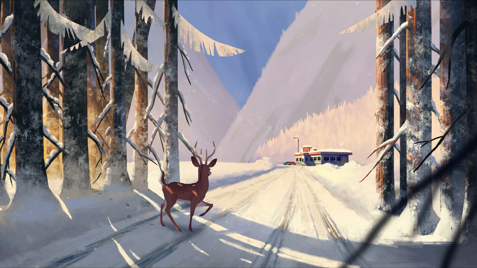 森林雪景插画5k动态壁纸